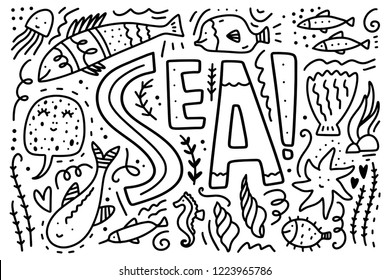 Vector sea life collection. Set of different marine characters. Children's coloring book illustration.