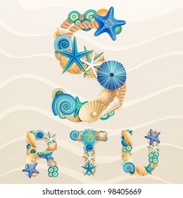 Vector Sea Life Font On Sand Background. Check My Portfolio For Other Letters, And Numbers.