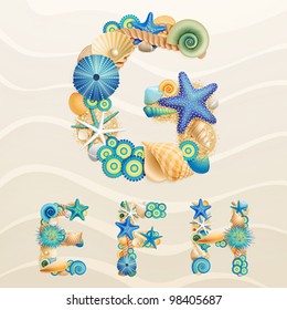 Vector Sea Life Font On Sand Background. Check My Portfolio For Other Letters, And Numbers.