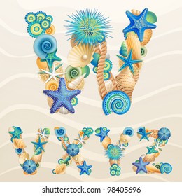 Vector Sea Life Font On Sand Background. Check My Portfolio For Other Letters, And Numbers.