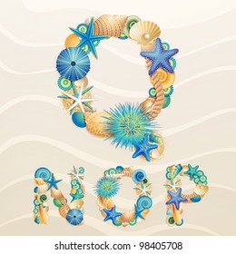 Vector Sea Life Font On Sand Background. Check My Portfolio For Other Letters, And Numbers.