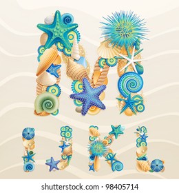 Vector Sea Life Font On Sand Background. Check My Portfolio For Other Letters, And Numbers.