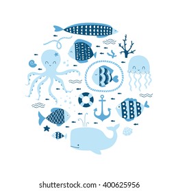 Vector sea life illustration; fish, octopus. jellyfish, whale clipart set isolated on white background