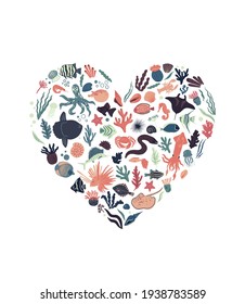 Vector sea life poster heart shaped with tropical fishes, jellyfishes, squid, corals, seaweed and shells. Cartoon illustration