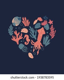 Vector sea life poster heart shaped with tropical fishes, jellyfishes, squid, corals, seaweed and shells. Cartoon illustration