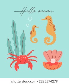 Vector sea life poster with lettering hello ocean and crab, shell, seaweed, seahorse.