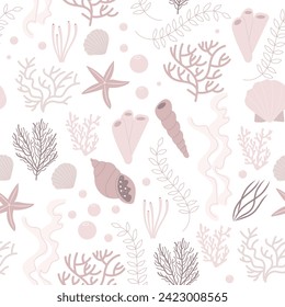 Vector sea life seamless pattern. Underwater animals, undersea graphics. Ocean wallpaper. Water plants and alga.