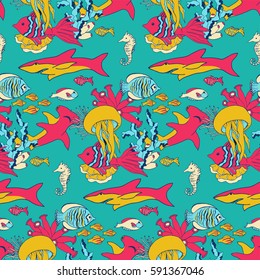 Vector sea life seamless pattern texture. Underwatre world.
