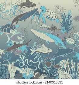 Vector sea life underwater illustration. Group of fishes and plants in deep ocean. Shells and starfishes at the bottom of the sea.