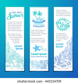 Vector sea life vertical banners. Contours of fish, starfish, crab, shell, jellyfish, seaweed, bottle with a letter and key on the bottom. There is place for your text on white paper.