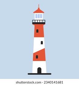 Vector sea lighthouse. Beautiful beacon. Tower on the seashore with white and red stripes, a signal of hope for port ships, a landmark of maritime safety. Blue isolated background.