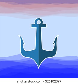 Vector Sea Metal Anchor Silhouette Isolated on Blue Water Background