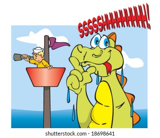 vector sea monster sneaking up on sailor in crow's nest