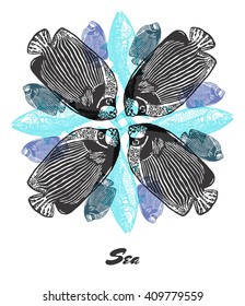 Vector Sea mood Engraved fractal outlet composition. Bright colored composition with Emperor angelfish, tuna fish and shell