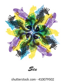 Vector Sea mood Engraved fractal outlet composition. Bright colored composition with seahorse, whale, shell and jellyfish