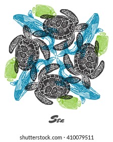 Vector Sea mood Engraved fractal outlet composition. Bright colored composition with sea turtle, whale and Emperor angelfish