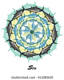 Vector Sea mood Engraved fractal outlet composition. Bright colored composition with tuna fishes