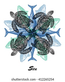 Vector Sea mood Engraved fractal outlet composition. Bright colored composition with sea turtlie and tuna fish