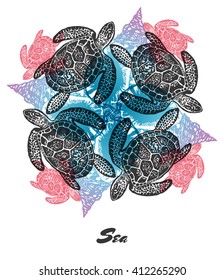 Vector Sea mood Engraved fractal outlet composition. Bright colored composition with sea turtlie and shell