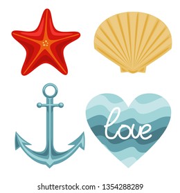 Vector sea nature set of starfish shell anchor and wavy background with lettering word. Vector drawing