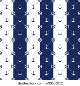 Vector sea and nautical seamless pattern. Vintage old marine print abstract textile with Steering wheel, anchor. Sailors  boat symbols. Water geometric style ornament with white and cyan colors