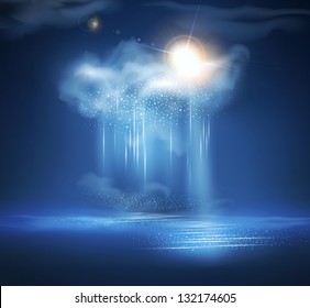   vector sea, night landscape with thunderstorm and light