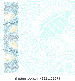 Vector sea, ocean decor with algae, seahorses, shells, air bubbles. Illustration for decor, postcards, printing, design