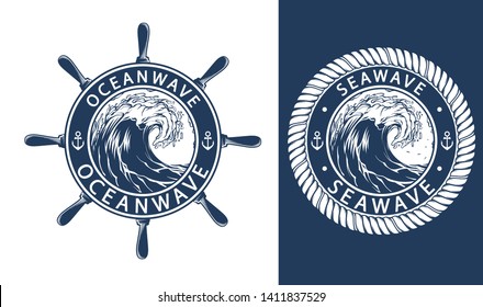 Vector sea and ocean emblems with wave, vector illustration isolated on white and blue background