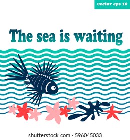 Vector sea and ocean illustration  with lion fish and sea stars. good for logo design, sticker, print, badge, poster and advertising.