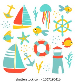vector sea ocean yacht fish jellyfish star lighting house pattern childish cute illustration