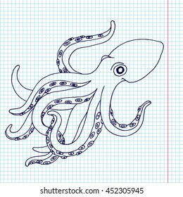 Vector sea octopus, hand drawn sketch in outlines on school paper. Marine animal simple illustration