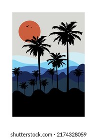  vector Sea palm tree and waves, palm beach sunset background vector illustration