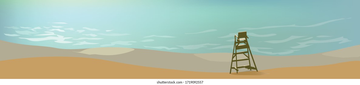 paisaje panorámico del mar vectorial.
playa vacía. tumbonas, océano y socorristas