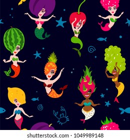 Vector sea pattern of beautiful mermaids on a dark blue background. Excellent print. Delicious fruit and berries. Lemon, cherry, watermelon, plum, grapes, dragonfruit, raspberry, pineapple