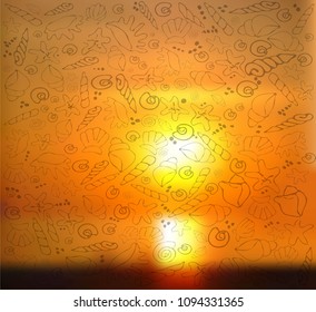 Vector. Sea pattern on the background of the sea sunset of seashells and sea stars.
 Stock illustration.