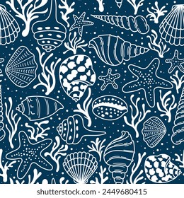 Vector sea pattern. Pattern with shells and starfish in doodle style. Marine background for fabric, clothing.