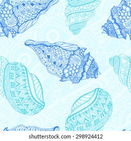 Vector sea  pattern. Summer background with shell elements. Repeating print background texture.