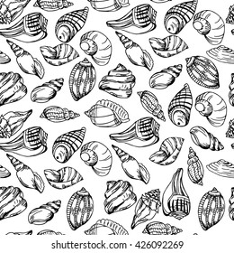 Vector sea pattern. Summer background with shell elements. Repeating print background texture.
