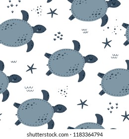 Vector sea pattern with turtles and stars on white Seamless background Ocean world collection