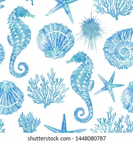 Vector sea pattern in watercolor style with seashells, corals, starfish, pearl and seahorse. Perfect for prints, wallpaper, fabric textiles and wrapping paper.