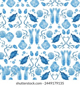 Vector sea pattern in watercolor style with seashells, corals, starfish, pearl and seahorse. Perfect for prints, wallpaper, fabric textiles and wrapping paper.