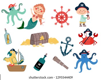vector sea or pirate set with a mermaid