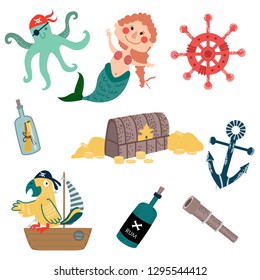 vector sea or pirate set with a mermaid