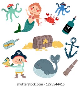 vector sea or pirate set with a mermaid