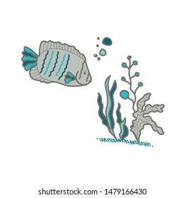 Vector sea placement print. Simple doodle fish and seaweed hand drawn made into repeat. Great for invitation, tshirt print, sticker, decor. 