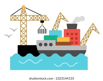 Vector sea port icon. Marine harbor terminal clipart with lifting cranes, cargo, barge. Seaport illustration. City transportation place. Funny public and freight transport destination point
