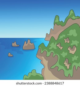 postal del mar vectorial. paisaje con una orilla rocosa. ilustración de viajes y aventuras.