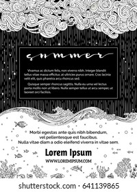 Vector sea and rain clouds background. Doodles clouds and rain, waves and underwater life, swirls, curls and strokes. Colouring book for adults template.