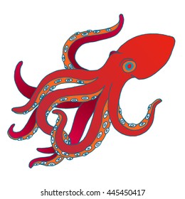 Vector sea red octopus, hand drawn sketch