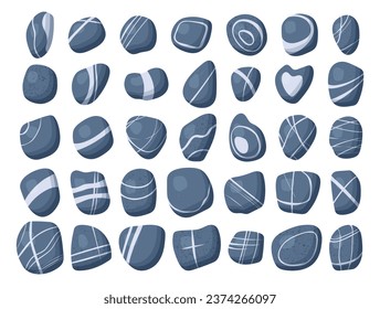 Vector sea river stones isolated on white. Different shapes, stripes, one colour, flat style with shadows. Alphabet same collection aviable. Vector illustration